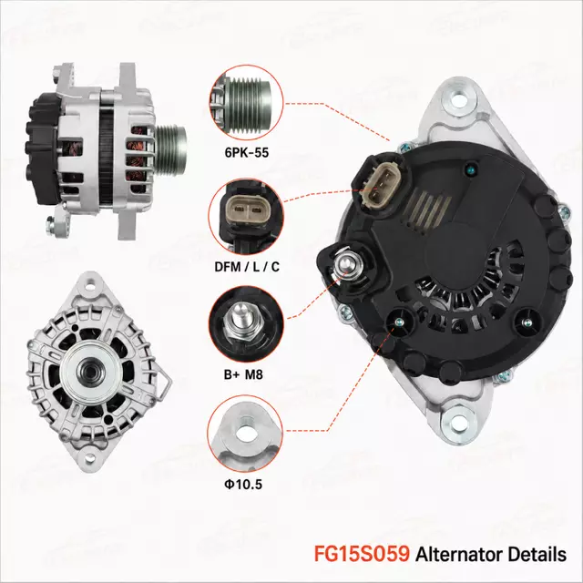 Dettagli alternatore FG15S059 con puleggia 6PK-55 e connettore DFM LC
